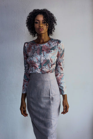 ENSEMBLE JUPE DROITE TAILLE HAUTE ET CHEMISSIER FLEURIE FEMME